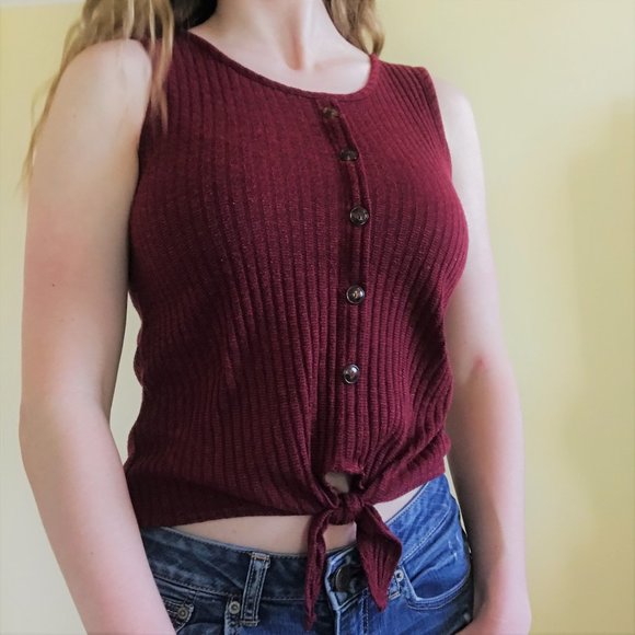 Burgundy Knit/Ribbed Tank Top, Tie, Front Buttons - Picture 1 of 4